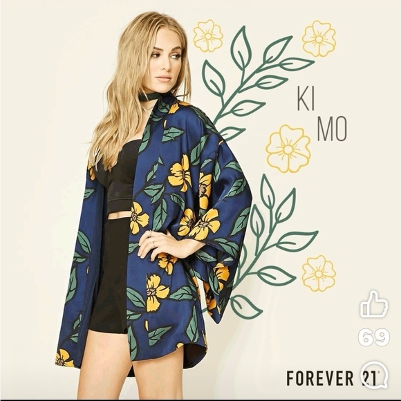 Forever 21 Cardigan Kimono Satin-like Lined Open Front Navy/Mustard Floral Sz: M - Picture 7 of 12